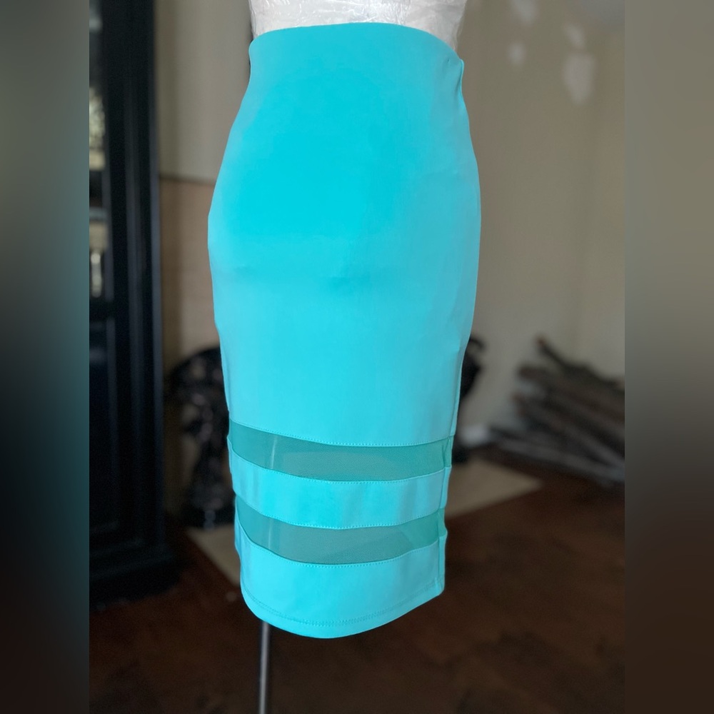 Aqua Sheath Pencil Skirt with Mesh Insets